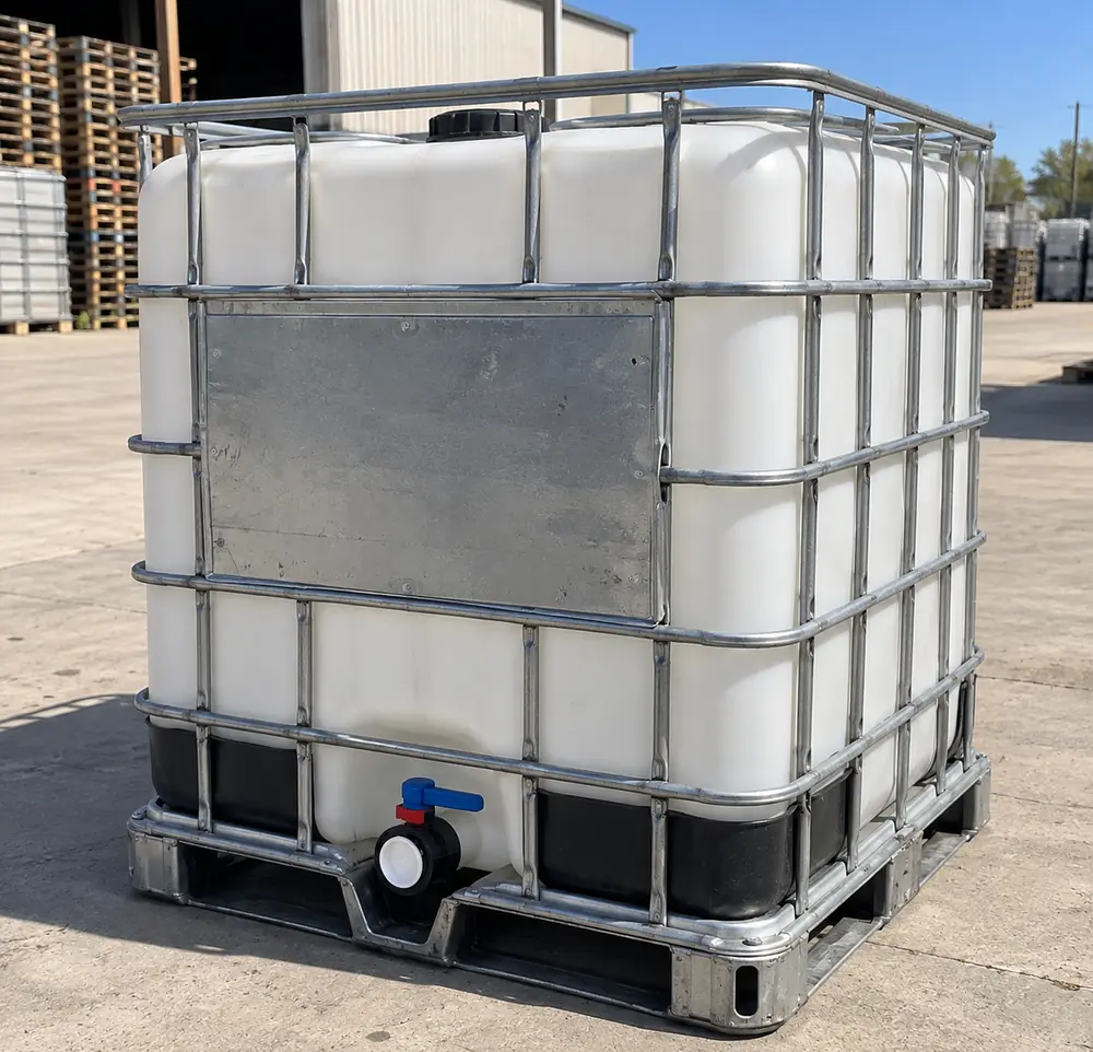 Close view of an IBC tote outlet valve, cage and pallet