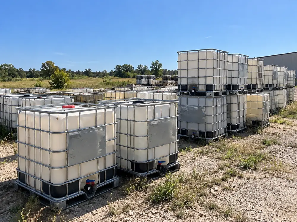 Used IBC totes standing on gravel in a field beside a tree line