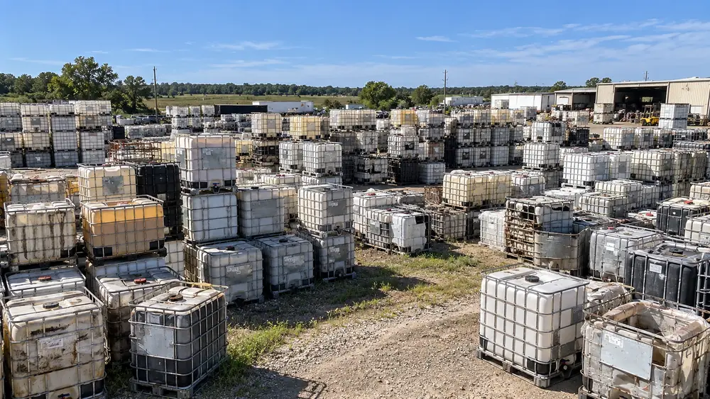 A large yard filled with hundreds of mixed used IBC totes of varying age and condition